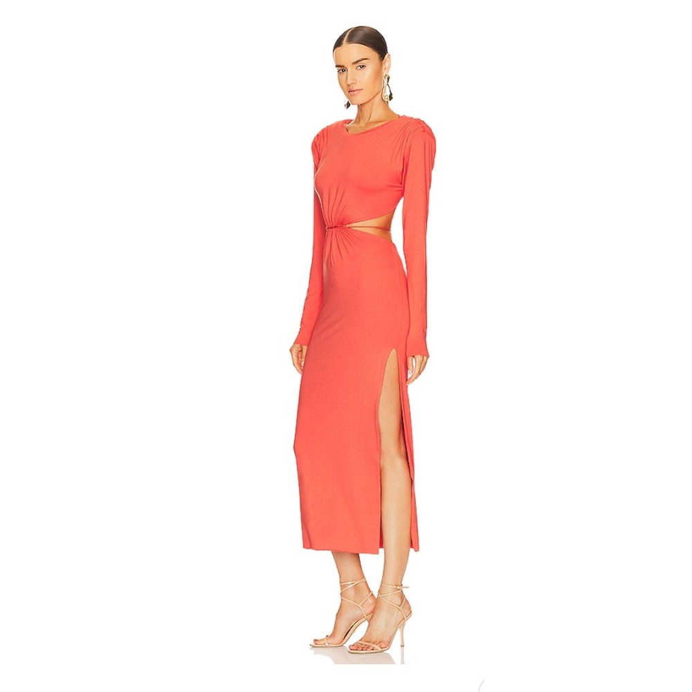 Manuri Orange Cut-Out Maxi‎ Dress Long Sleeve Pleated Shoulder V-Neck Size S NEW